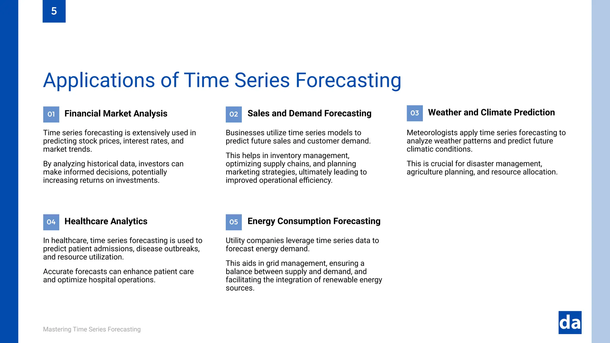 01 02 03
04 05
Mastering Time Series Forecasting
Energy Consumption Forecasting
Utility companies leverage time series data to
forecast energy demand.
This aids in grid management, ensuring a
balance between supply and demand, and
facilitating the integration of renewable energy
sources.
Healthcare Analytics
In healthcare, time series forecasting is used to
predict patient admissions, disease outbreaks,
and resource utilization.
Accurate forecasts can enhance patient care
and optimize hospital operations.
Weather and Climate Prediction
Meteorologists apply time series forecasting to
analyze weather patterns and predict future
climatic conditions.
This is crucial for disaster management,
agriculture planning, and resource allocation.
Sales and Demand Forecasting
Businesses utilize time series models to
predict future sales and customer demand.
This helps in inventory management,
optimizing supply chains, and planning
marketing strategies, ultimately leading to
improved operational efficiency.
Financial Market Analysis
Time series forecasting is extensively used in
predicting stock prices, interest rates, and
market trends.
By analyzing historical data, investors can
make informed decisions, potentially
increasing returns on investments.
Applications of Time Series Forecasting
5
 