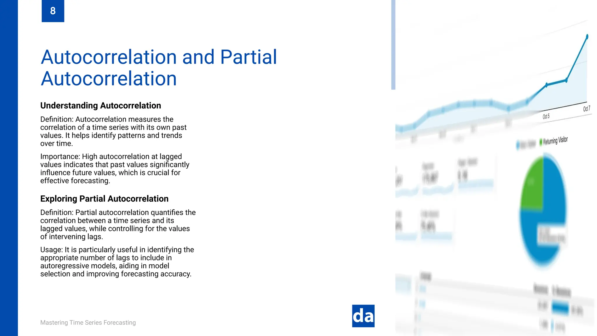 Mastering Time Series Forecasting
Understanding Autocorrelation
Definition: Autocorrelation measures the
correlation of a time series with its own past
values. It helps identify patterns and trends
over time.
Importance: High autocorrelation at lagged
values indicates that past values significantly
influence future values, which is crucial for
effective forecasting.
Exploring Partial Autocorrelation
Definition: Partial autocorrelation quantifies the
correlation between a time series and its
lagged values, while controlling for the values
of intervening lags.
Usage: It is particularly useful in identifying the
appropriate number of lags to include in
autoregressive models, aiding in model
selection and improving forecasting accuracy.
Autocorrelation and Partial
Autocorrelation
8
 