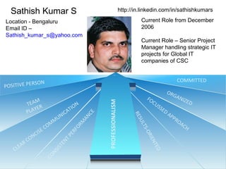 P
RESULTS-ORIENTED
FOCUSSED
APPROACH
CLEAR CONCISE COM
M
UNICATION
POSITIVE PERSON
ORGANIZED
CONSISTENTPERFORM
ANCE
PROFESSIONALISM
TEAM
PLAYER
COMMITTED
Sathish Kumar S http://in.linkedin.com/in/sathishkumars
Location - Bengaluru
Email ID –
Sathish_kumar_s@yahoo.com
Current Role from December
2006
Current Role – Senior Project
Manager handling strategic IT
projects for Global IT
companies of CSC
 