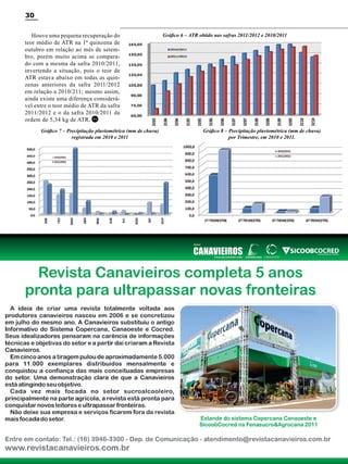 30
Houve uma pequena recuperação do
teor médio de ATR na 1ª quinzena de
outubro em relação ao mês de setembro, porém muito acima se comparado com a mesma da safra 2010/2011,
invertendo a situação, pois o teor de
ATR estava abaixo em todas as quinzenas anteriores da safra 2011/2012
em relação a 2010/211; mesmo assim,
ainda existe uma diferença considerável entre o teor médio de ATR da safra
2011/2012 e o da safra 2010/2011 da
ordem de 5,34 kg de ATR. RC
Gráfico 7 – Precipitação pluviométrica (mm de chuva)
registrada em 2010 e 2011

Revista Canavieiros - Novembro de 2011

Gráfico 6 – ATR obtido nas safras 2011/2012 e 2010/2011

Gráfico 8 – Precipitação pluviométrica (mm de chuva)
por Trimestre, em 2010 e 2011.

 