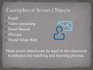 Examples of Smart ObjectsEmailVideo streamingSmart boardsiPhonesWorld Wide Web 24These smart objects can be used in the classroom to enhance the teaching and learning process.8