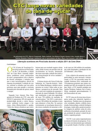 20

CTC lança novas variedades
de cana-de-açúcar

Os palestrantes do CTC: Marcos Casagrande, Tadeu Andrade, Luis Roberto Pogetti, Gustavo Leite, Arnaldo Raizer e
Sabrina Moutinho Chabregas juntamente com os representantes da Basf e Bayer, Luis Louzano e Adré Abreu

Liberação aconteceu em Piracicaba durante a edição 2011 do Cana Show
Carla Rodrigues

O

CTC (Centro de Tecnologia Canavieira) realizou em Piracicaba,
no dia 7 de dezembro, a edição
2011 do Cana Show, reunindo empresários, produtores rurais, profissionais
do setor e pesquisadores com o objetivo
de discutir estratégias e soluções para
que o setor sucroenergético, através do
aumento da produção e redução de custos, enfrente os desafios que tem pelos
próximos anos para atender a crescente
demanda pelo mercado de açúcar, etanol
e energia.
Segundo Luiz Antonio Dias Paes,
gerente de Produtos do CTC, esta safra
(2010/11) apresentou 20% de queda em
produtividade devido a vários fatores,
como: ambiente (solo), pragas e doenças, clima (florescimento) e geadas.
“Além dos fatores climáticos que contri-

buíram para um resultado negativo desta
safra, ainda tivemos um período ruim de
investimentos na lavoura, diminuição
das áreas renovadas, redução dos tratos e
uma desaceleração de novas unidades”,
explicou Paes.
O diretor técnico da Unica (União das
Indústrias de Cana-de-Açúcar), Antônio de Pádua Rodrigues, também esteve
presente no evento e falou sobre as mudanças e perspectivas de mercado. Para
ele, o setor tem condições de aumentar o
mercado de etanol hidratado. Ele afirma
que, atualmente, o país tem capacidade
de moer 750 milhões de toneladas de
cana-de-açúcar. “Até 2015, o país precisa moer 100 milhões de toneladas a mais
para abastecer a frota flex. Se usarmos
corretamente as tecnologias desenvolvidas temos condições de aumentar a ofer-

Luiz Antonio Dias Paes,
gerente de Produtos do CTC

Revista Canavieiros - Dezembro de 2011

Antônio
de Pádua
Rodrigues,
diretor técnico
da Unica

ta de cana em 160 milhões de toneladas,
que serão destinadas a produção de etanol hidratado”, disse Pádua.
Com o objetivo de aumentar sua competitividade no setor nacional e internacional, o CTC foi convertido numa Sociedade Anônima (SA), totalizando em
154 empresas acionistas, que, juntas, respondem por 60% da moagem de cana do
país. Hoje, o CTC mantém unidades nas
regiões Nordeste, Sudeste, Sul e CentroOeste, atendendo aproximadamente 12
mil fornecedores de cana.
O CTC atua em diversas áreas de pesquisa, sendo elas: industrial, logística e
agronômica. Também atua em pesquisas
com variedades, plantio, colheita mecanizada, biotecnologia, controle biológico
de pragas, muda sadia, geoprocessamento, imagens de satélites, cartas de solos,
ambientes de produção, geração de energia, produção de açúcar e etanol de primeira e segunda geração.
“O CTC é um centro importantíssimo
no desenvolvimento de pesquisas. Eventos como este demonstram que realmente
a sua grande função é facilitar a vida do

 