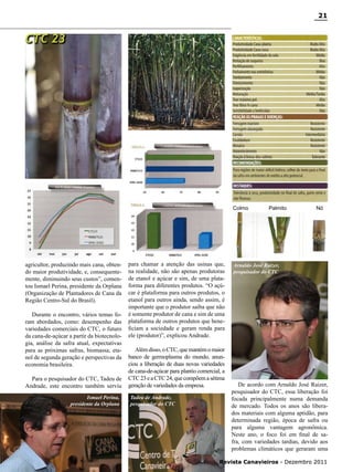 21

CTC 23

Colmo	

agricultor, produzindo mais cana, obtendo maior produtividade, e, consequentemente, diminuindo seus custos”, comentou Ismael Perina, presidente da Orplana
(Organização de Plantadores de Cana da
Região Centro-Sul do Brasil).
Durante o encontro, vários temas foram abordados, como: desempenho das
variedades comerciais do CTC, o futuro
da cana-de-açúcar a partir da biotecnologia, análise da safra atual, expectativas
para as próximas safras, biomassa, etanol de segunda geração e perspectivas da
economia brasileira.
Para o pesquisador do CTC, Tadeu de
Andrade, este encontro também serviu
Ismael Perina,
presidente da Orplana

para chamar a atenção das usinas que,
na realidade, não são apenas produtoras
de etanol e açúcar e sim, de uma plataforma para diferentes produtos. “O açúcar é plataforma para outros produtos, o
etanol para outros ainda, sendo assim, é
importante que o produtor saiba que não
é somente produtor de cana e sim de uma
plataforma de outros produtos que beneficiam a sociedade e geram renda para
ele (produtor)”, explicou Andrade.
Além disso, o CTC, que mantém o maior
banco de germoplasma do mundo, anunciou a liberação de duas novas variedades
de cana-de-açúcar para plantio comercial, a
CTC 23 e a CTC 24, que compõem a sétima
geração de variedades da empresa.
Tadeu de Andrade,
pesquisador do CTC

Palmito	

Nó

Arnaldo José Raizer,
pesquisador do CTC

De acordo com Arnaldo José Raizer,
pesquisador do CTC, essa liberação foi
focada principalmente numa demanda
de mercado. Todos os anos são liberados materiais com alguma aptidão, para
determinada região, época de safra ou
para alguma vantagem agronômica.
Neste ano, o foco foi em final de safra, com variedades tardias, devido aos
problemas climáticos que geraram uma

Revista Canavieiros - Dezembro 2011

 