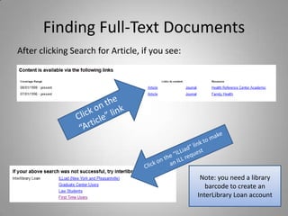 Finding Full-Text Documents
After clicking Search for Article, if you see:




                                                  Note: you need a library
                                                    barcode to create an
                                                 InterLibrary Loan account
 