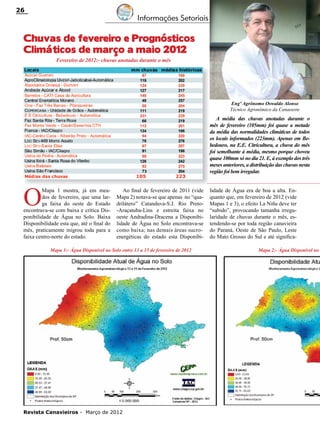 26

Informações Setoriais

Chuvas de fevereiro e Prognósticos
Climáticos de março a maio 2012
Fevereiro de 2012:- chuvas anotadas durante o mês

Engº Agrônomo Oswaldo Alonso
Técnico Agronômico da Canaoeste

A média das chuvas anotadas durante o
mês de fevereiro (105mm) foi quase a metade
da média das normalidades climáticas de todos
os locais informados (223mm). Apenas em Bebedouro, na E.E. Citricultura, a chuva do mês
foi semelhante à média, mesmo porque choveu
quase 100mm só no dia 21. E, à exemplo dos três
meses anteriores, a distribuição das chuvas nesta
região foi bem irregular.

O

Mapa 1 mostra, já em meados de fevereiro, que uma larga faixa do oeste do Estado
encontrava-se com baixa e crítica Disponibilidade de Água no Solo. Baixa
Disponibilidade esta que, até o final do
mês, praticamente migrou toda para a
faixa centro-norte do estado.

Ao final de fevereiro de 2011 (vide
Mapa 2) notava-se que apenas no “quadrilátero” Catanduva-S.J. Rio Preto-Araçatuba-Lins e estreita faixa no
oeste Andradina-Dracena a Disponibilidade de Água no Solo encontrava-se
como baixa; nas demais áreas sucroenergéticas do estado esta Disponibi-

Mapa 1:- Água Disponível no Solo entre 13 a 15 de fevereiro de 2012

Revista Canavieiros - Março de 2012

lidade de Água era de boa a alta. Enquanto que, em fevereiro de 2012 (vide
Mapas 1 e 3), o efeito La Niña deve ter
“subido”, provocando tamanha irregularidade de chuvas durante o mês, estendendo-se por toda região canavieira
do Paraná, Oeste de São Paulo, Leste
do Mato Grosso do Sul e até significaMapa 2:- Água Disponível no

 