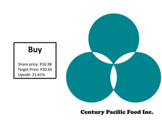 Century Paciﬁc Inc.
Century Pacific Food Inc.
Buy	
Share	price:	P16.98	
Target	Price:	P20.65	
			Upside:	21.61%
 
