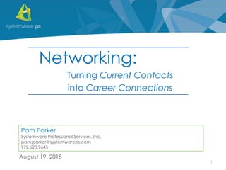 1
August 19, 2015
Networking:
Turning Current Contacts
into Career Connections
Pam Parker
Systemware Professional Services, Inc.
pam.parker@systemwareps.com
972.628.9645
 