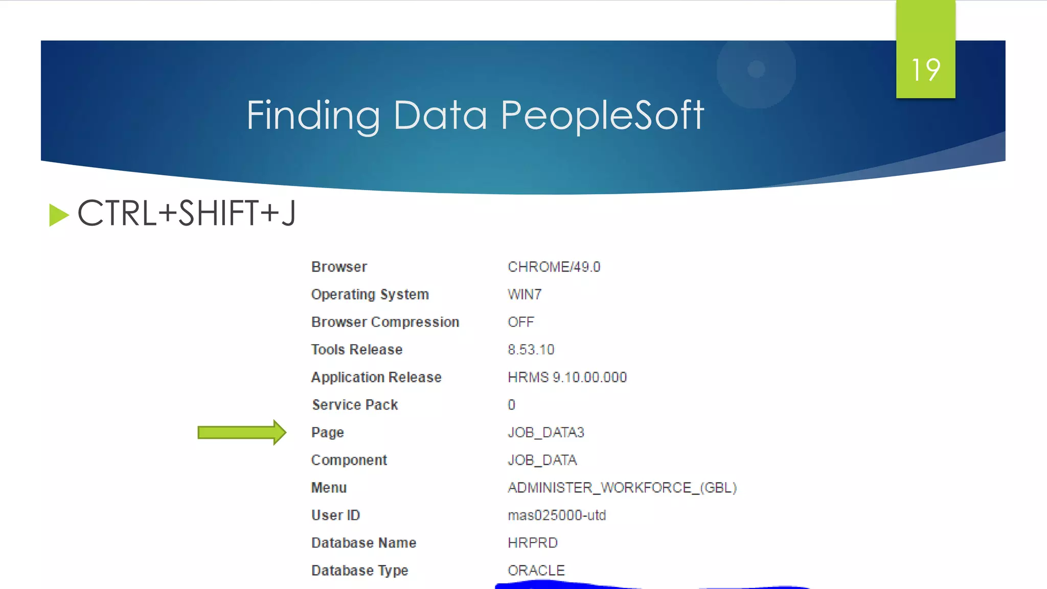 Finding Data PeopleSoft
 CTRL+SHIFT+J
19
 