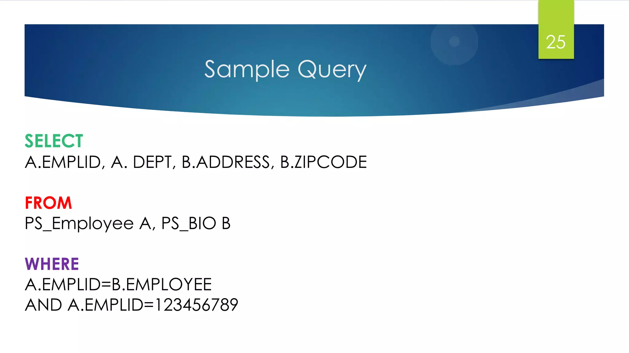 Sample Query
25
SELECT
A.EMPLID, A. DEPT, B.ADDRESS, B.ZIPCODE
FROM
PS_Employee A, PS_BIO B
WHERE
A.EMPLID=B.EMPLOYEE
AND A.EMPLID=123456789
 