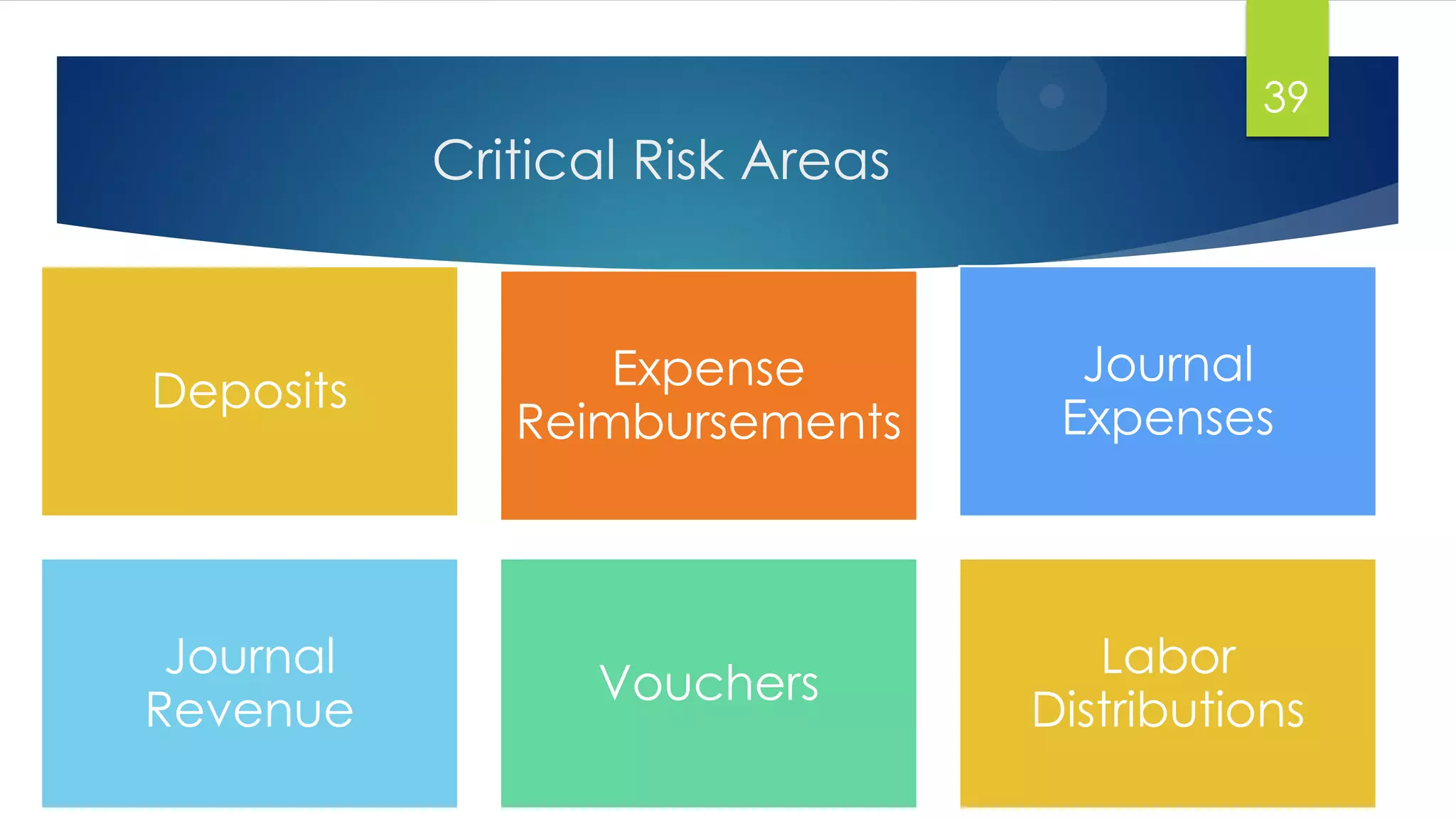 39
Deposits Expense
Reimbursements
Journal
Expenses
Journal
Revenue
Vouchers
Labor
Distributions
Critical Risk Areas
 