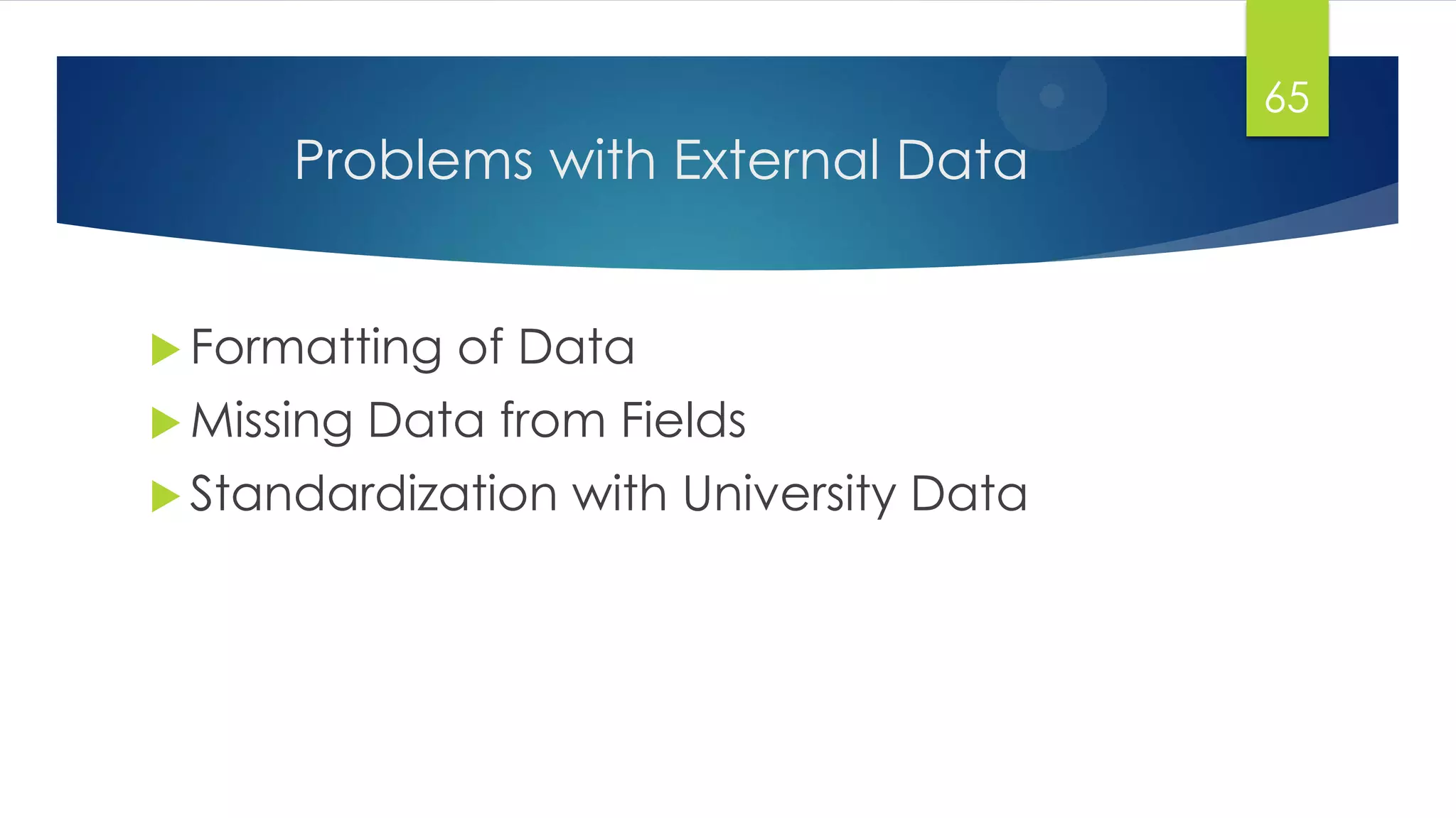 Problems with External Data
65
 Formatting of Data
 Missing Data from Fields
 Standardization with University Data
 