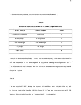 26
To illustrate this argument, please consider the data shown in Table 3.
Table 3:
Understating a candidate’s true examination performance
Correct answer Actual answer Score
Generalize/Generalise Generaliz 0
Candy shop Kandy shop 0
Over the bridge Over the bridges 0
515 people 550 people 0
Total score 0
Analysis of data shown in Table 3 shows how a candidate may score zero out of four for
that sub-component of the listening test. A lay person reading another person’s IELTS
Test Report Form may conclude that the test-taker is unable to comprehend any aspects
of spoken English.
Pencil
I do not support IELTS’s policy that requires all candidates must use pencil for any part
of the test, especially listening (British Council, 2017g). My grave concerns with this
issue are the topic of discussion in Exposure Draft 9 (forthcoming).
 