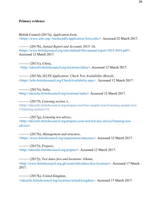 28
Primary evidence
British Council (2017a), Application form,
<https://www.ielts.org/-/media/pdfs/application-form.ashx>. Accessed 22 March 2017.
–––––– (2017b), Annual Report and Accounts 2015–16,
<https://www.britishcouncil.org/sites/default/files/annual-report-2015-2016.pdf>.
Accessed 12 March 2017.
–––––– (2017c), China,
<http://takeielts.britishcouncil.org/locations/china>. Accessed 12 March 2017.
–––––– (2017d), IELTS Application: Check Test Availability (Brazil),
<https://ielts.britishcouncil.org/CheckAvailability.aspx>. Accessed 12 March 2017.
–––––– (2017e), India,
<http://takeielts.britishcouncil.org/locations/india>. Accessed 12 March 2017.
–––––– (2017f), Listening section 1,
<http://takeielts.britishcouncil.org/prepare-test/free-sample-tests/listening-sample-test-
1/listening-section-1>.
–––––– (2017g), Listening test advice,
<http://takeielts.britishcouncil.org/prepare-your-test/test-day-advice/listening-test-
advice>.
–––––– (2017h), Management and structure,
<https://www.britishcouncil.org/organisation/structure>. Accessed 12 March 2017.
–––––– (2017i), Prepare,
<http://takeielts.britishcouncil.org/prepare>. Accessed 12 March 2017.
–––––– (2017j), Test dates fees and locations: Ghana,
<http://www.britishcouncil.org.gh/exam/ielts/dates-fees-locations>. Accessed 17 March
2017.
–––––– (2017k), United Kingdom,
<takeielts.britishcouncil.org/locations/united-kingdom>. Accessed 17 March 2017.
 