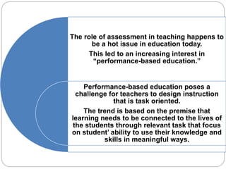 The role of assessment in teaching happens to 
be a hot issue in education today. 
This led to an increasing interest in 
...