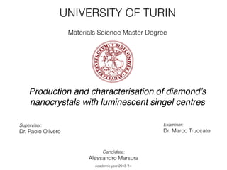 Academic year 2013-‘14
UNIVERSITY OF TURIN
Materials Science Master Degree
Production and characterisation of diamond’s
nanocrystals with luminescent singel centres
Supervisor:
Dr. Paolo Olivero
Candidate:
Alessandro Marsura
Examiner:
Dr. Marco Truccato
 