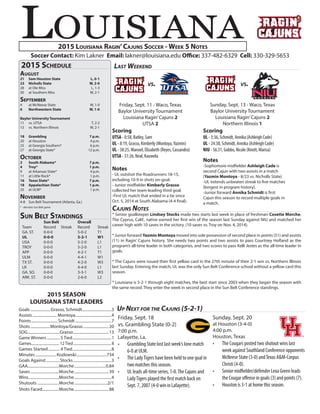 Last Weekend
Louisiana2015 Louisiana Ragin’Cajuns Soccer - Week 5 Notes
Soccer Contact: Kim Lakner Email: lakner@louisiana.edu Office: 337-482-6329 Cell: 330-329-5653
Cajuns Notes
* Senior goalkeeper Lindsey Stocks made two starts last week in place of freshman Cosette Morche.
The Cyprus, Calif., native earned her first win of the season last Sunday against NIU and matched her
career high with 10 saves in the victory. (10 saves vs. Troy on Nov. 4, 2014).
* Junior forward Yazmin Montoya moved into sole possession of second place in points (51) and assists
(11) in Ragin’ Cajuns history. She needs two points and two assists to pass Courtney Hofland as the
program’s all-time leader in both categories, and two scores to pass Kelli Jestes as the all-time leader in
goals.
* The Cajuns were issued their first yellow card in the 27th minute of their 2-1 win vs. Northern Illinois
last Sunday. Entering the match, UL was the only Sun Belt Conference school without a yellow card this
season.
* Louisiana is 5-2-1 through eight matches, the best start since 2003 when they began the season with
the same record. They enter the week in second place in the Sun Belt Conference standings.
vs.
2015 Schedule
August
21	 Sam Houston State	 L, 0-1
23	 Nicholls State	 W, 2-0
28	 at Ole Miss	 L, 1-3
30	 at Southern Miss	 W, 2-1
September
4	 at McNeese State	 W, 1-0
6	 Northwestern State	 W, 1-0
Baylor University Tournament
11	 vs. UTSA	 T, 2-2
13	 vs. Northern Illinois	 W, 2-1
18	 Grambling	 7 p.m.
20	 at Houston	 4 p.m.
25	 at Georgia Southern*	 6 p.m.
27	 at Georgia State*	 12 p.m.
October
2	 South Alabama*	 7 p.m.
4	 Troy*	 1 p.m.
9	 at Arkansas State*	 4 p.m.
11	 at Little Rock*	 1 p.m.
16	 Texas State*	 7 p.m.
18	 Appalachian State*	 1 p.m.
25	 at ULM*	 1 p.m.
November
4-8		 Sun Belt Tournament (Atlanta, Ga.)
* - denotes Sun Belt game
Sun Belt Standings
	 Sun Belt	 Overall
Team	 Record	Streak	 Record	 Streak
GA. ST. 	 0-0-0		 5-0-2	 T1
UL	 0-0-0		 5-2-1	 W1	
USA	 0-0-0		 5-2-0	 L1	
TROY	 0-0-0		 5-2-0	 L1	
APP	 0-0-0		 4-2-1	 T1
ULM	 0-0-0		 4-4-1	 W1
TX ST.	 0-0-0		 4-2-0	 W3
LR	 0-0-0		 4-4-0	 L1
GA. SO.	 0-0-0		 3-3-1	 W3
ARK. ST.	 0-0-0		 2-6-0	 L2
Friday, Sept. 11 - Waco, Texas
Baylor University Tournament
Louisiana Ragin’Cajuns 2
UTSA 2
Up Next for the Cajuns (5-2-1)
Friday, Sept. 18
vs. Grambling State (0-2)
7:00 p.m.
Lafayette, La.
•	 Grambling State lost last week’s lone match
6-0 at ULM.
•	 The LadyTigers have been held to one goal in
two matches this season.
•	 UL leads all-time series, 1-0.The Cajuns and
LadyTigers played the first match back on
Sept. 7, 2007 (4-0 win in Lafayette).
Sunday, Sept. 20
at Houston (3-4-0)
4:00 p.m.
Houston, Texas
•	 The Cougars posted two shutout wins last
week against Southland Conference opponents
McNeese State (3-0) andTexas A&M-Corpus
Christi (4-0).
•	 Senior midfielder/defender Lexa Green leads
the Cougar offense in goals (3) and points (7).
•	 Houston is 3-1 at home this season.
Scoring
UTSA - 0:58, Batley, Sam
UL - 8:19, Grasso, Kimberly (Montoya,Yazmin)
UL - 38:25, Manuel, Elizabeth (Reyes, Cassandra)
UTSA - 51:26, Neal, Kauwela
Notes
- UL outshot the Roadrunners 18-15,
including 10-9 in shots on-goal.
- Junior midfielder Kimberly Grasso
collected her team-leading third goal.
-First UL match that ended in a tie since
Oct. 5, 2014 at South Alabama (4-4 final).
2015 SEASON
LOUISIANA STAT LEADERS
Goals..................... Grasso, Schmidt...............................3
Assists.......................... Montoya......................................4
Points............................Schmidt......................................7
Shots.....................Montoya/Grasso........................... 20
SOG..................................Grasso..................................... 13
Game Winners................5 Tied............................................1
Games................................ 12 Tied...........................................8
Games Started............. 4 Tied.........................................8
Minutes...................... Kozlowski................................734
Goals Against...............Stocks........................................3
GAA................................Morche.................................0.84
Saves..............................Morche.................................... 39
Wins................................Morche.......................................4
Shutouts.......................Morche...................................2/1
Shots Faced..................Morche.................................... 88
vs.
Sunday, Sept. 13 - Waco, Texas
Baylor University Tournament
Louisiana Ragin’Cajuns 2
Northern Illinois 1
Scoring
UL - 3:36, Schmidt, Annika (Ashleigh Cade)
UL - 24:38, Schmidt, Annika (Ashleigh Cade)
NIU - 56:31, Gobbo, Nicole (Knott, Marisa)
Notes
-Sophomore midfielder Ashleigh Cade is
second Cajun with two assists in a match
(Yazmin Montoya - 8/23 vs. Nicholls State)
-UL extends unbeaten streak to five matches
(longest in program history).
-Junior forward Annika Schmidt is first
Cajun this season to record multiple goals in
a match.
 