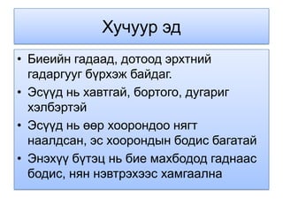 Хучуур эд
• Биеийн гадаад, дотоод эрхтний
  гадаргууг бүрхэж байдаг.
• Эсүүд нь хавтгай, бортого, дугариг
  хэлбэртэй
• Эсүүд нь өөр хоорондоо нягт
  наалдсан, эс хоорондын бодис багатай
• Энэхүү бүтэц нь бие махбодод гаднаас
  бодис, нян нэвтрэхээс хамгаална
 