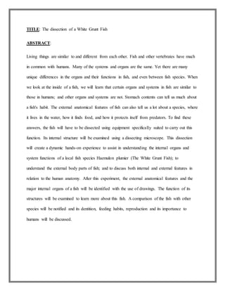 TITLE: The dissection of a White Grunt Fish
ABSTRACT:
Living things are similar to and different from each other. Fish and other vertebrates have much
in common with humans. Many of the systems and organs are the same. Yet there are many
unique differences in the organs and their functions in fish, and even between fish species. When
we look at the inside of a fish, we will learn that certain organs and systems in fish are similar to
those in humans; and other organs and systems are not. Stomach contents can tell us much about
a fish's habit. The external anatomical features of fish can also tell us a lot about a species, where
it lives in the water, how it finds food, and how it protects itself from predators. To find these
answers, the fish will have to be dissected using equipment specifically suited to carry out this
function. Its internal structure will be examined using a dissecting microscope. This dissection
will create a dynamic hands-on experience to assist in understanding the internal organs and
system functions of a local fish species Haemulon plumier (The White Grunt Fish); to
understand the external body parts of fish; and to discuss both internal and external features in
relation to the human anatomy. After this experiment, the external anatomical features and the
major internal organs of a fish will be identified with the use of drawings. The function of its
structures will be examined to learn more about this fish. A comparison of the fish with other
species will be notified and its dentition, feeding habits, reproduction and its importance to
humans will be discussed.
 