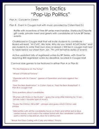 Team Tactics
“Pop-UpPolitics”
PlanA-ConcertinCistern
PlanB-EventinCougarmallwithmusicprovidedbyCisternYardDJ
RafflewithincentivesoffreeBPseriesmerchandise,Starbucks/Chipotle
giftcards,privatemeetandgreetswithcandidatesatfutureBPSeries
events
ChalkboardinCougarMallthatwillinvitestudentstocontribute-
Boardwillread;“AtCofC,WeVote.WhydoyouVote?#CofCVotes”and
askstudentstowritetheirownstoryorreason(Willbeincougarmallnext
totablebelowoursheetfrom Jan.7thuntiltentativedatesofevent)
ActiveupdatedtallyofregisteredvotersbyBPSeries,withGoalfor
reaching800registeredvotersbydeadline,locatedinCougarMall
CarnivalstylegamestobefeaturedineitherPlanAorPlanB:
“PintheHairpieceontheTrump”
“WheelofPoliticalFortune”
“OperatewithDr.Carson”-gamesofOperationandraceagainstthe
clock
“FeeltheBernBadminton”inCisternYardor“FeeltheBernBasketball”if
PlanBincougarmall
Triviaquestionsaboutcandidates
“RhymeswithRubiointheStudio”-guessthesongafterlisteningfor10sec.
(allarerubio’sfavoritetypeofmusic)
“GuesstheClinton:HillorBill”-phrasesandguesswhichClintonsaid
phrase
“Milkbottleswithallthecandidatesfacesonthem andeitherredorblue
rubberbands,mustmatchtherubberbandwiththecandidate’spolitical
party(redforarepublican,blueforademocrat)
“BreaktheGlassCeilingwithCarlyandHillary”Pinata
 