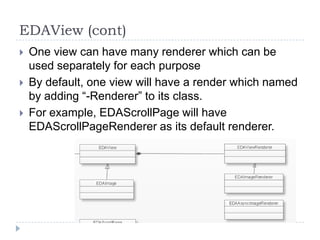 EDAView (cont)
   One view can have many renderer which can be
    used separately for each purpose
   By default, one view will have a render which named
    by adding “-Renderer” to its class.
   For example, EDAScrollPage will have
    EDAScrollPageRenderer as its default renderer.
 