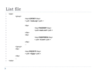 List file
   <eda>
            <group>
                       <key>LDFSK?</key>
                       < path >meta.zip</ path >

                       <file>
                                    <key>FAGDSDF</key>
                                    <path>main.xml</ path >
                       </file>
                       <file>
                                    <key>FASDFWEQ</key>
                                    < path >0.xml</ path >
                       </file>
                       ...
            </group>
            <file>
                       <key>FKD!S?F</key>
                       < path >0.jpg</ path >
            </file>
            ...
   </eda>
 