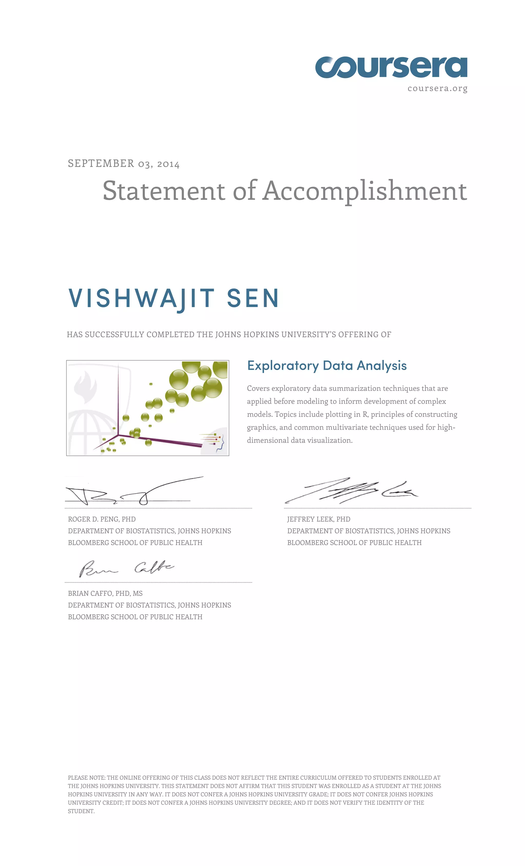 coursera.org
Statement of Accomplishment
SEPTEMBER 03, 2014
VISHWAJIT SEN
HAS SUCCESSFULLY COMPLETED THE JOHNS HOPKINS UNIVERSITY'S OFFERING OF
Exploratory Data Analysis
Covers exploratory data summarization techniques that are
applied before modeling to inform development of complex
models. Topics include plotting in R, principles of constructing
graphics, and common multivariate techniques used for high-
dimensional data visualization.
ROGER D. PENG, PHD
DEPARTMENT OF BIOSTATISTICS, JOHNS HOPKINS
BLOOMBERG SCHOOL OF PUBLIC HEALTH
JEFFREY LEEK, PHD
DEPARTMENT OF BIOSTATISTICS, JOHNS HOPKINS
BLOOMBERG SCHOOL OF PUBLIC HEALTH
BRIAN CAFFO, PHD, MS
DEPARTMENT OF BIOSTATISTICS, JOHNS HOPKINS
BLOOMBERG SCHOOL OF PUBLIC HEALTH
PLEASE NOTE: THE ONLINE OFFERING OF THIS CLASS DOES NOT REFLECT THE ENTIRE CURRICULUM OFFERED TO STUDENTS ENROLLED AT
THE JOHNS HOPKINS UNIVERSITY. THIS STATEMENT DOES NOT AFFIRM THAT THIS STUDENT WAS ENROLLED AS A STUDENT AT THE JOHNS
HOPKINS UNIVERSITY IN ANY WAY. IT DOES NOT CONFER A JOHNS HOPKINS UNIVERSITY GRADE; IT DOES NOT CONFER JOHNS HOPKINS
UNIVERSITY CREDIT; IT DOES NOT CONFER A JOHNS HOPKINS UNIVERSITY DEGREE; AND IT DOES NOT VERIFY THE IDENTITY OF THE
STUDENT.