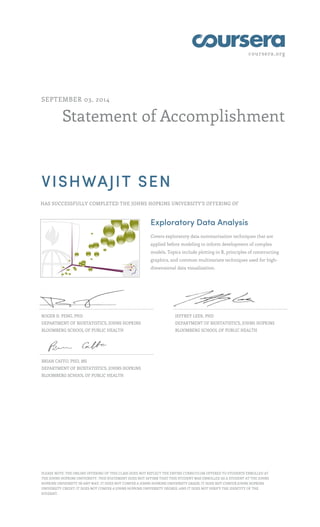 coursera.org
Statement of Accomplishment
SEPTEMBER 03, 2014
VISHWAJIT SEN
HAS SUCCESSFULLY COMPLETED THE JOHNS HOPKINS UNIVERSITY'S OFFERING OF
Exploratory Data Analysis
Covers exploratory data summarization techniques that are
applied before modeling to inform development of complex
models. Topics include plotting in R, principles of constructing
graphics, and common multivariate techniques used for high-
dimensional data visualization.
ROGER D. PENG, PHD
DEPARTMENT OF BIOSTATISTICS, JOHNS HOPKINS
BLOOMBERG SCHOOL OF PUBLIC HEALTH
JEFFREY LEEK, PHD
DEPARTMENT OF BIOSTATISTICS, JOHNS HOPKINS
BLOOMBERG SCHOOL OF PUBLIC HEALTH
BRIAN CAFFO, PHD, MS
DEPARTMENT OF BIOSTATISTICS, JOHNS HOPKINS
BLOOMBERG SCHOOL OF PUBLIC HEALTH
PLEASE NOTE: THE ONLINE OFFERING OF THIS CLASS DOES NOT REFLECT THE ENTIRE CURRICULUM OFFERED TO STUDENTS ENROLLED AT
THE JOHNS HOPKINS UNIVERSITY. THIS STATEMENT DOES NOT AFFIRM THAT THIS STUDENT WAS ENROLLED AS A STUDENT AT THE JOHNS
HOPKINS UNIVERSITY IN ANY WAY. IT DOES NOT CONFER A JOHNS HOPKINS UNIVERSITY GRADE; IT DOES NOT CONFER JOHNS HOPKINS
UNIVERSITY CREDIT; IT DOES NOT CONFER A JOHNS HOPKINS UNIVERSITY DEGREE; AND IT DOES NOT VERIFY THE IDENTITY OF THE
STUDENT.
 