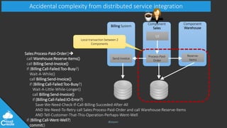 @jeppec
Sales:Process-Paid-Order()
call Warehouse:Reserve-Items()
call Billing:Send-Invoice()
if (Billing:Call-Failed:Too-Busy?)
Wait-A-While()
call Billing:Send-Invoice()
if (Billing:Call-Failed:Too-Busy?)
Wait-A-Little-While-Longer()
call Billing:Send-Invoice()
if (Billing:Call-Failed:IO-Error?)
Save-We-Need-Check-If-Call-Billing-Succeded-After-All
AND We-Need-To-Retry call Sales:Process-Paid-Order and call Warehouse:Reserve-Items
AND Tell-Customer-That-This-Operation-Perhaps-Went-Well
if (Billing:Call-Went-Well?)
commit()
Accidental complexity from distributed service integration
Component
Warehouse
Component
Sales
Billing System
UI
Send-Invoice
Process-Paid-
Order
Reserve-
Items
Local transaction between 2
Components
 