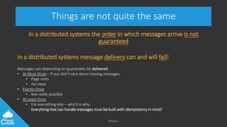 @jeppec
Things are not quite the same
In a distributed systems the order in which messages arrive is not
guaranteed
In a distributed systems message delivery can and will fail!
Messages can depending on guarantees be delivered:
• At Most Once – If you don’t care about loosing messages
• Page visits
• Ad views
• Exactly Once
• Not really possible
• At Least Once
• For everything else – which is why:
Everything that can handle messages must be built with idempotency in mind!
 