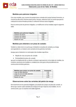 Pág. 8
CURSO PATRONAJE INDUSTRIAL BÄSICO DE SEÑORA ON-LINE. MF-1. UNIDAD DIDÁCTICA 2
Elaboración y usos de las Tablas de Medidas
Medidas para patrones holgados:
Con estas medidas, que resumen las proporciones estándar del cuerpo humano femenino, se
crearán los diferentes Patrones bases justos. Así pues, debemos tener en cuenta que para la
realización de determinadas prendas se utilizarán Patrones bases holgados.
Para la construcción de patrones holgados, se modificarán ciertas medidas según la siguiente
tabla:
Medidas para patrones holgados Incremento
Contorno de pecho 4,00
Contorno de cadera 4,00
Contorno de manga 2,00
Bajada de copa 0,25
Medidas para delantero con pinza de costado:
También se debe tener en cuenta que el delantero con pinza de costado y su manga
correspondiente se tratarán como variantes de los patrones normales.
Aunque para el delantero se contemplen dos medidas específicas:
 Bajada de sisa con pinza de costado
 Profundidad de pinza de costado
que por la complicación de su cálculo se incluyen expresamente en las tablas de medidas, las
restantes variaciones de medidas se establecerán como parte del procedimiento de
construcción de dichos patrones.
Medidas para cuerpo con pinza de costado Incremento
Largo de talle delantero 1,00
Largo de pinza de talle delantero 1,00
Contorno de manga -1,00
Bajada de copa -0,25
Observaciones sobre las variantes del patrón de manga
Del tratamiento de los patrones holgados y la variante de cuerpo con pinza de costado, se
deriva que existan cuatro variantes de manga (en lo que respecta a las medidas, no a la
construcción), que se resumen en la tabla siguiente:
 