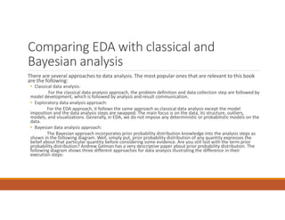 Comparing EDA with classical and
Bayesian analysis
There are several approaches to data analysis. The most popular ones that are relevant to this book
are the following:
• Classical data analysis:
For the classical data analysis approach, the problem definition and data collection step are followed by
model development, which is followed by analysis and result communication.
• Exploratory data analysis approach:
For the EDA approach, it follows the same approach as classical data analysis except the model
imposition and the data analysis steps are swapped. The main focus is on the data, its structure, outliers,
models, and visualizations. Generally, in EDA, we do not impose any deterministic or probabilistic models on the
data.
• Bayesian data analysis approach:
The Bayesian approach incorporates prior probability distribution knowledge into the analysis steps as
shown in the following diagram. Well, simply put, prior probability distribution of any quantity expresses the
belief about that particular quantity before considering some evidence. Are you still lost with the term prior
probability distribution? Andrew Gelman has a very descriptive paper about prior probability distribution. The
following diagram shows three different approaches for data analysis illustrating the difference in their
execution steps:
 