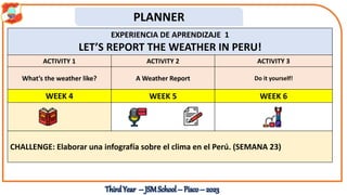 ThirdYear – JSM School– Pisco– 2023
Do It Yourself
PLANNER
EXPERIENCIA DE APRENDIZAJE 1
LET’S REPORT THE WEATHER IN PERU!
ACTIVITY 1 ACTIVITY 2 ACTIVITY 3
What’s the weather like? A Weather Report Do it yourself!
WEEK 4 WEEK 5 WEEK 6
CHALLENGE: Elaborar una infografía sobre el clima en el Perú. (SEMANA 23)
 
