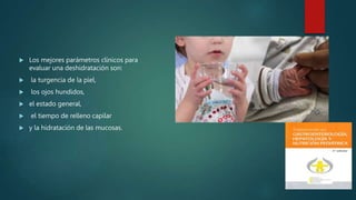  Los mejores parámetros clínicos para
evaluar una deshidratación son:
 la turgencia de la piel,
 los ojos hundidos,
 el estado general,
 el tiempo de relleno capilar
 y la hidratación de las mucosas.
 