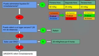 Primera Hora Segunda Hora Tercera Hora
50 ml/kg 25 ml/kg 25 ml/kg
Puedo administrar líquidos EV
inmedíatamente?
Puedo referir a un lugar cercano? (30
min de distancia)
Sabe usar SNG?
URGENTE referir inmedíatamente
No
No
No
Si
Si
Si 20 ml/kg/hora por 6 horas
Referir
1ra Expansión
Evaluar
Sin diuresis
2da Expansion
Evaluar
Sin diuresis
3ra Expansion
Evaluar
Sin diuresis
 