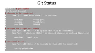Git Status
(brnchA ) $ git status
# on branch branchA
# changes to be committed :
# (use “git reset HEAD <file>…” to unstage)
#
# modified : Test1.java
# deleted : Test2.java
# new file : README
#
# changes not staged for commit :
# (use “git add <file>…” to update what will be committed)
# (use “git -- checkout <file>” to discard changes in working directory)
#
# modified : Test3.java
#
# untracked files :
# (use “git add <file>…” to include in what will be committed)
#
# spring.properties
22
 