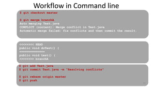 Workflow in Command line
$ git checkout master
S git merge branchA
Auto merging Test.java
CONFLICT (content): Merge conflict in Test.java
Automatic merge failed; fix conflicts and then commit the result.
<<<<<<<< HEAD
public void doTest() {
==============
public void test() {
>>>>>>>> branchA
$ git add Test.java
$ git commit Test.java –m “Resolving conflicts”
$ git rebase origin master
$ git push
35
 