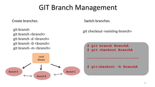 GIT Branch Management
git branch
git branch <branch>
git branch -d <branch>
git branch -D <branch>
git branch -m <branch>
Create branches
git checkout <existing-branch>
Switch branches
Branch A
Branch B
Branch C
Local
Master
$ git branch BranchA
$ git checkout BranchA
-------------------------
$ git checkout –b BranchA
9
 