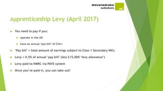 Apprenticeship Levy (April 2017)
 You need to pay if you:
 operate in the UK
 have an annual ‘pay bill’ of £3m+
 ‘Pay bill’ = total amount of earnings subject to Class 1 Secondary NICs
 Levy = 0.5% of annual ‘pay bill’ (less £15,000 ‘levy allowance’)
 Levy paid to HMRC via PAYE system
 Once you’ve paid in, you can take out!
 