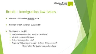 Brexit – immigration law issues
 2 million EU nationals working in UK
 1 million British nationals living in EU
 EU citizens in the UK?
 Law Society assumes they won’t be ‘sent home’
 UK Govt. remains tight-lipped
 Arrived before or after vote?
 Requiring UK businesses to report % of non-British workers?
Uncertainty for businesses and workers
 