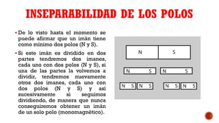INSEPARABILIDAD DE LOS POLOS
 De lo visto hasta el momento se
puede afirmar que un imán tiene
como mínimo dos polos (N y S).
 Si este imán es dividido en dos
partes tendremos dos imanes,
cada uno con dos polos (N y S), si
una de las partes la volvemos a
dividir, tendremos nuevamente
otros dos imanes, cada uno con
dos polos (N y S) y así
sucesivamente si seguimos
dividiendo, de manera que nunca
conseguiremos obtener un imán
de un solo polo (monomagnético).
 