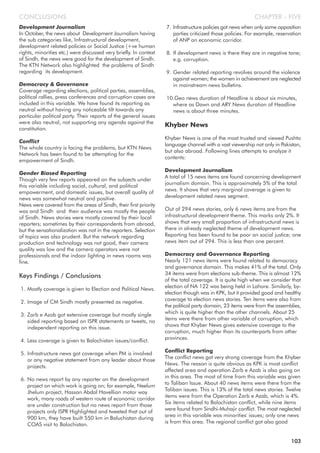 Development Journalism
In October, the news about Development Journalism having
the sub categories like, Infrastructural development,
development related policies or Social Justice (+ve human
rights, minorities etc.) were discussed very briefly. In context
of Sindh, the news were good for the development of Sindh.
The KTN Network also highlighted the problems of Sindh
regarding its development.
Democracy & Governance
Coverage regarding elections, political parties, assemblies,
political rallies, press conferences and corruption cases are
included in this variable. We have found its reporting as
neutral without having any noticeable tilt towards any
particular political party. Their reports of the general issues
were also neutral, not supporting any agenda against the
constitution.
Conflict
The whole country is facing the problems, but KTN News
Network has been found to be attempting for the
empowerment of Sindh.
Gender Biased Reporting
Though very few reports appeared on the subjects under
this variable including social, cultural, and political
empowerment, and domestic issues, but overall quality of
news was somewhat neutral and positive.
News were covered from the areas of Sindh, their first priority
was and Sindh and their audience was mostly the people
of Sindh. News stories were mostly covered by their local
reporters; sometimes by their correspondents from abroad,
but the sensationalization was not in the reporters. Selection
of topics was also prudent. But the network regarding
production and technology was not good, their camera
quality was low and the camera operators were not
professionals and the indoor lighting in news rooms was
fine.
Keys Findings / Conclusions
1. Mostly coverage is given to Election and Political News.
2. Image of CM Sindh mostly presented as negative.
3. Zarb e Azab got extensive coverage but mostly single
sided reporting based on ISPR statements or tweets, no
independent reporting on this issue.
4. Less coverage is given to Balochistan issues/conflict.
5. Infrastructure news got coverage when PM is involved
or any negative statement from any leader about those
projects.
6. No news report by any reporter on the development
project on which work is going on; for example, Neelum
Jhelum project, Hassan Abdal Havellian motor way
work, many roads of western route of economic corridor
are under construction but no news report from those
projects only ISPR Highlighted and tweeted that out of
900 km, they have built 550 km in Baluchistan during
COAS visit to Balochistan.
7. Infrastructure policies got news when only some opposition
parties criticized those policies. For example, reservation
of ANP on economic corridor.
8. If development news is there they are in negative tone;
e.g. corruption.
9. Gender related reporting revolves around the violence
against women; the women in achievement are neglected
in mainstream news bulletins.
10.Geo news duration of Headline is about six minutes,
where as Dawn and ARY News duration of Headline
news is about three minutes.
Khyber News
Khyber News is one of the most trusted and viewed Pushto
language channel with a vast viewership not only in Pakistan,
but also abroad. Following lines attempts to analyze it
contents:
Development Journalism
A total of 15 news items are found concerning development
journalism domain. This is approximately 5% of the total
news. It shows that very marginal coverage is given to
development related news segment.
Out of 294 news stories, only 6 news items are from the
infrastructural development theme. This marks only 2%. It
shows that very small proportion of infrastructural news is
there in already neglected theme of development news.
Reporting has been found to be poor on social justice; one
news item out of 294. This is less than one percent.
Democracy and Governance Reporting
Nearly 121 news items were found related to democracy
and governance domain. This makes 41% of the total. Only
34 items were from elections sub-theme. This is almost 12%
of the total coverage. It is quite high when we consider that
election of NA 122 was being held in Lahore. Similarly, by-
election though was in KPK, but it provided good and healthy
coverage to election news stories. Ten items were also from
the political party domain, 23 items were from the assemblies,
which is quite higher than the other channels. About 25
items were there from other variable of corruption, which
shows that Khyber News gives extensive coverage to the
corruption, much higher than its counterparts from other
provinces.
Conflict Reporting
The conflict news got very strong coverage from the Khyber
News. The reason is quite obvious as KPK is most conflict
affected area and operation Zarb e Azab is also going on
in this area. The most of time from this variable was given
to Taliban Issue. About 40 news items were there from the
Taliban issues. This is 13% of the total news stories. Twelve
items were from the Operation Zarb e Azab, which is 4%.
Six items related to Balochistan conflict, while nine items
were found from Sindhi-Muhajir conflict. The most neglected
area in this variable was minorities' issues; only one news
is from this area. The regional conflict got also good
CHAPTER - FIVECONCLUSIONS
103
 