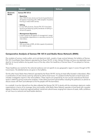 CHAPTER - FIVECONCLUSIONS
Regional National
Electronic
Media
Samaa FM 107.4:
· Reporting
· Over 95% of news stories are found at good level on
all aspects of reporting with a little exception of positive
framing (in about 66% stories).
· Editing
· In over 95% of stories, Samaa FM 107.4 has been
found to be following quality standards of editing in
almost all aspects.
· Management Dynamics
· It seems good at all aspects of management, except
having greater dependence on secondary sources for
information.
· Production
· With sound bites at 83%, all other aspects of production
are rated as good.
Comparative Analysis of Samaa FM 107.4 and Radio News Network (RNN)
Our analysis of various media outlets, print and electronic both, reveals a huge contrast between the bulletins of Samaa
FM 107.4 and Radio News Network operated by the Power FM 99. In fact, Samaa FM does not have any dedicated news
desk for its hourly bulletins during peak hours of the day rather the headlines of Samaa News TV are played on Samaa
FM 107.4.
These headlines are mainly for the national audience and not specific to any geographic region it covers through its FM
transmission. No detailed stories are given in the bulletins.
On the other hand, Radio News Network operated by the Power FM 99, having its head office located in Islamabad, offers
a combination of news stories covering national as well as local issues. It is predominantly focused on local issues and
includes investigative reports in the news bulletins. These reports are prepared by its own sources and discuss the local
issues in detail by giving constructive analyses. It also takes prominent personalities including the politicians on phone to
discuss issues with them and attempts to link the people with the lawmakers.
In a nutshell, it can be inferred from the data collected that Samaa FM 107.4 stands with the mainstream electronic media
organizations in terms of its coverage, focus and quality, while Radio News Network operates at local level with a greater
degree of attention to local and regional political, social and cultural issues ranging from closure of roads, traffic conditions
at rush hours to national and local bodies elections.
113
 
