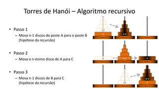 Torres de Hanói – Algoritmo recursivo
• Passo 1
– Mova n-1 discos do poste A para o poste B
(hipótese da recursão)
• Passo...