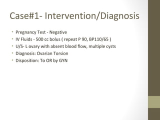 Case#1- Intervention/Diagnosis
• Pregnancy Test - Negative
• IV Fluids - 500 cc bolus ( repeat P 90, BP110/65 )
• U/S- L ovary with absent blood flow, multiple cysts
• Diagnosis: Ovarian Torsion
• Disposition: To OR by GYN
 