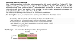 •True Positive (TP): The patient is diseased and the model predicts "diseased"
•False Positive (FP): The patient is healthy but the model predicts "diseased"
•True Negative (TN): The patient is healthy and the model predicts "healthy"
•False Negative (FN): The patient is diseased and the model predicts "healthy"
Evaluation of binary classifiers
If the model successfully predicts the patients as positive, this case is called True Positive (TP). If the
model successfully predicts patients as negative, this is called True Negative (TN). The binary classifier
may misdiagnose some patients as well. If a diseased patient is classified as healthy by a negative test
result, this error is called False Negative (FN). Similarly, If a healthy patient is classified as diseased by a
positive test result, this error is called False Positive(FP).
We can evaluate a binary classifier based on the following parameters:
After obtaining these values, we can compute the accuracy score of the binary classifier as follows:
The following is a confusion matrix, which represents the above parameters:
 