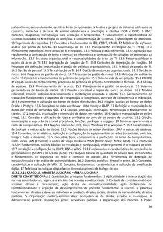 30
polimorfismo, encapsulamento, reutilização de componentes. 5 Análise e projeto de sistemas utilizando os
conceitos, notações e técnicas da análise estruturada e orientação a objetos (OOA e OOP). 6 UML:
notações, diagramas, metodologia para utilização e ferramentas. 7 Fundamentos e características de
sistemas baseados na tecnologia de workflow. 8 Documentação de sistemas. 9 Modelagem de processos.
10 Engenharia de requisitos. 11 Conceitos e fundamentos de ITIL, COBIT, CMMI. 12 Métricas de software:
análise por ponto de função. 13 Governança de TI. 13.1 Planejamento estratégico de TI (PETI). 13.2
Alinhamento estratégico entre áreas de TI e negócios. 13.3 Políticas e procedimentos. 13.4 Legislação que
regulamenta a contratação de bens e serviços de informática e contratação de soluções de tecnologia da
informação. 13.5 Estrutura organizacional e responsabilidades da área de TI. 13.6 Responsabilidade e
papéis da área de TI. 13.7 Segregação de funções de TI. 13.8 Controles de segregação de funções. 14
Processos de definição, implantação e gestão de políticas organizacionais. 14.1 Práticas de gestão de TI.
14.2 Gestão de pessoal. 14.3 Terceirização de TI. 14.4 Gestão de mudanças organizacionais. 14.5 Gestão de
riscos. 14.6 Programa de gestão de riscos. 14.7 Processo de gestão de riscos. 14.8 Métodos de análise de
riscos. 15 Conceitos e fundamentos de gerência de projetos. 15.1 Ciclo de vida de um projeto. 15.2 PMBOK
4ª edição: áreas de conhecimento, processos de gerência de projetos, ferramentas e técnicas. 15.3 Gestão
de equipes. 15.4 Monitoramento de recursos. 15.5 Planejamento e gestão de mudanças. 16 Sistemas
gerenciadores de banco de dados. 16.1 Projeto conceitual e lógico de banco de dados. 16.2 Modelo
relacional, modelo entidade-relacionamento e modelagem orientada a objeto. 16.3 Gerenciamento de
transações fundamentos e aspectos de recuperação e integridade, controle de concorrência e indexação.
16.4 Fundamentos e aplicação de banco de dados distribuídos. 16.5 Noções básicas de banco de dados
Oracle e Postgre. 16.6 Conceitos de data warehouse, data mining e OLAP. 17 Definição e manipulação de
dados por meio de comandos SQL. 17.1 Criação, alteração, eliminação, renomeação e truncamento de
tabelas. 17.2 Inserção, atualização e eliminação de dados em tabelas. 18 Criação e manipulação de visões
(view). 18.1 Conceito e utilização de roles e privilégios no controle de acesso de usuários. 18.2 Criação,
manutenção e execução de stored procedures, funções, packages e triggers. 19 Sistemas operacionais e
redes de computadores. 19.1 Noções básicas de UNIX, Linux, Windows XP e Windows 7. 19.2 Características
de backups e restauração de dados. 19.3 Noções básicas de active directory, LDAP e contas de usuários.
19.4 Conceitos, características, aplicação e configuração de equipamentos de redes (roteadores, switches,
bridges, hubs e modems). 19.5 Conceitos, tipos, componentes e protocolos de redes de computadores,
redes locais LAN (Ethernet) e redes de longa distância WAN (frame relay; MPLS; ATM). 19.6 Protocolo
TCP/IP: fundamentos, noções básicas de instalação e configuração, endereçamento IP e máscara de rede.
19.7 Instalação e configuração de DHCP, DNS e WINS. 19.8 Fundamentos e características de protocolos de
gerenciamento (SNMP) e de acesso (ADSL). 19.9 Noções básicas de qualidade de serviço QoS. 20 Conceitos
e fundamentos de segurança de rede e controle de acesso. 20.1 Ferramentas de detecção de
intrusos/invasão e de análise de vulnerabilidades. 20.2 Sistemas antivírus, firewall e proxy. 20.3 Conceitos,
características e aplicação de VPN. 21 Conceito, fundamentos, características e aplicação da certificação
digital. 22 Telefonia tecnologias disponíveis e dimensionamento de tráfego de voz.
13.2.1.2.11 CARGO 11: ANALISTA JUDICIÁRIO – ÁREA: JUDICIÁRIA
DIREITO CONSTITUCIONAL: 1 Constituição: princípios fundamentais. 2 Aplicabilidade e interpretação das
normas constitucionais; vigência e eficácia das normas constitucionais. 3 Controle de constitucionalidade:
sistemas difuso e concentrado; ação direta de inconstitucionalidade; ação declaratória de
constitucionalidade e arguição de descumprimento de preceito fundamental. 4 Direitos e garantias
fundamentais: direitos e deveres individuais e coletivos; direitos sociais; direitos de nacionalidade; direitos
políticos. 5 Organização político-administrativa: competências da União, estados e municípios. 6
Administração pública: disposições gerais; servidores públicos. 7 Organização dos Poderes. 8 Poder
 