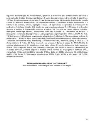 37
segurança da informação. 4.5 Procedimentos, aplicativos e dispositivos para armazenamento de dados e
para realização de cópia de segurança (backup). 5 Lógica de programação. 5.1 Construção de algoritmos.
5.2 Tipos de dados simples e estruturados. 5.3 Variáveis e constantes. 5.4 Comandos de atribuição, entrada
e saída. 5.5 Avaliação de expressões. 5.6 Funções pré-definidas. 5.7 Conceito de bloco de comandos. 5.8
Estruturas de controle, seleção, repetição e desvio. 5.9 Operadores e expressões. 5.10 Passagem de
parâmetros. 5.11 Recursividade. 5.12 Noções de programação estruturada. 5.13 Métodos de ordenação,
pesquisa e hashing. 6 Programação orientada a objetos. 6.1 Conceitos de classes, objetos, métodos,
mensagens, sobrecarga, herança, polimorfismo, interfaces e pacotes. 6.2 Tratamento de exceção. 7
Linguagens e tecnologias de programação. 7.1 Linguagens de programação Java e PHP. 7.2 AJAX. 7.3 XML.
7.4 Web Services. 7.5 Noções de servidores de aplicação Java. 7.6 Eclipse. 7.7 Ferramentas de gerência de
configuração. 7.8 Práticas ágeis, metodologia RAD (rapid application development): Integração contínua,
Test-driven Development (TDD), Refactoring. 7.9 Frameworks ExtJS, Hibernate, Spring e Struts 2. 7.10
Design Patterns. 8 Testes. 8.1 Teste funcional e de unidade. 9 Banco de dados. 9.1 MER (Modelo de
entidade relacionamento). 9.2 Modelo conceitual, lógico e físico. 9.3 Noções de banco de dados: esquema,
tabelas, campos, registros, índices, relacionamentos, transação, tipos de bancos de dados. 9.4 Normalização
de dados: conceitos, primeira, segunda e terceira formas normais. 9.5 Linguagens de definição (DDL),
manipulação (DML), controle (DCL) e transação (DTL) de dados em SGBDs relacionais. 9.6 SGBDs Oracle,
MySQL e SQL Server. 9.7 Linguagens procedurais de SGBDs Oracle, MySQL e SQL Server. 9.8 PL/SQL:
conceitos e comandos.
DESEMBARGADORA ANA PAULA TAUCEDA BRANCO
Vice-Presidente do Tribunal Regional do Trabalho da 17ª Região
 