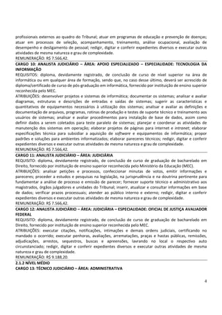4
profissionais externos ao quadro do Tribunal; atuar em programas de educação e prevenção de doenças;
atuar em processos de seleção, acompanhamento, treinamento, análise ocupacional, avaliação de
desempenho e desligamento de pessoal; redigir, digitar e conferir expedientes diversos e executar outras
atividades de mesma natureza e grau de complexidade.
REMUNERAÇÃO: R$ 7.566,42.
CARGO 10: ANALISTA JUDICIÁRIO – ÁREA: APOIO ESPECIALIZADO – ESPECIALIDADE: TECNOLOGIA DA
INFORMAÇÃO
REQUISITOS: diploma, devidamente registrado, de conclusão de curso de nível superior na área de
informática ou em qualquer área de formação, sendo que, no caso desse último, deverá ser acrescido de
diploma/certificado de curso de pós-graduação em informática, fornecido por instituição de ensino superior
reconhecida pelo MEC.
ATRIBUIÇÕES: desenvolver projetos e sistemas de informática; documentar os sistemas; analisar e avaliar
diagramas, estruturas e descrições de entradas e saídas de sistemas; sugerir as características e
quantitativos de equipamentos necessários à utilização dos sistemas; analisar e avaliar as definições e
documentação de arquivos, programas, rotinas de produção e testes de suporte técnico e treinamento aos
usuários de sistemas; analisar e avaliar procedimentos para instalação de base de dados, assim como
definir dados a serem coletados para teste paralelo de sistemas; planejar e coordenar as atividades de
manutenção dos sistemas em operação; elaborar projetos de páginas para internet e intranet; elaborar
especificações técnica para subsidiar a aquisição de software e equipamentos de informática; propor
padrões e soluções para ambientes informatizados; elaborar pareceres técnicos; redigir, digitar e conferir
expedientes diversos e executar outras atividades de mesma natureza e grau de complexidade.
REMUNERAÇÃO: R$ 7.566,42.
CARGO 11: ANALISTA JUDICIÁRIO – ÁREA: JUDICIÁRIA
REQUISITO: diploma, devidamente registrado, de conclusão de curso de graduação de bacharelado em
Direito, fornecido por instituição de ensino superior reconhecida pelo Ministério da Educação (MEC).
ATRIBUIÇÕES: analisar petições e processos, confeccionar minutas de votos, emitir informações e
pareceres; proceder a estudos e pesquisas na legislação, na jurisprudência e na doutrina pertinente para
fundamentar a análise de processo e emissão de parecer; fornecer suporte técnico e administrativo aos
magistrados, órgãos julgadores e unidades do Tribunal; inserir, atualizar e consultar informações em base
de dados; verificar prazos processuais; atender ao público interno e externo; redigir, digitar e conferir
expedientes diversos e executar outras atividades de mesma natureza e grau de complexidade.
REMUNERAÇÃO: R$ 7.566,42.
CARGO 12: ANALISTA JUDICIÁRIO – ÁREA: JUDICIÁRIA – ESPECIALIDADE: OFICIAL DE JUSTIÇA AVALIADOR
FEDERAL
REQUISITO: diploma, devidamente registrado, de conclusão de curso de graduação de bacharelado em
Direito, fornecido por instituição de ensino superior reconhecida pelo MEC.
ATRIBUIÇÕES: executar citações, notificações, intimações e demais ordens judiciais, certificando no
mandado o ocorrido; executar penhoras, avaliações, arrematações, praças e hastas públicas, remissões,
adjudicações, arrestos, sequestros, buscas e apreensões, lavrando no local o respectivo auto
circunstanciado; redigir, digitar e conferir expedientes diversos e executar outras atividades de mesma
natureza e grau de complexidade.
REMUNERAÇÃO: R$ 9.188,20.
2.1.2 NÍVEL MÉDIO
CARGO 13: TÉCNICO JUDICIÁRIO – ÁREA: ADMINISTRATIVA
 