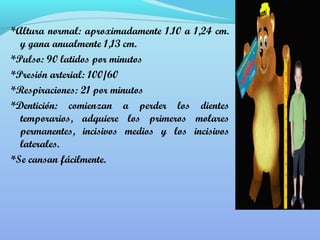 *Altura normal: aproximadamente 1.10 a 1,24 cm. 
y gana anualmente 1,13 cm. 
*Pulso: 90 latidos por minutos 
*Presión arterial: 100/60 
*Respiraciones: 21 por minutos 
*Dentición: comienzan a perder los dientes 
temporarios, adquiere los primeros molares 
permanentes, incisivos medios y los incisivos 
laterales. 
*Se cansan fácilmente. 
 