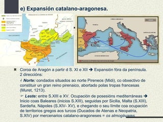 e) Expansión catalano-aragonesa. Coroa de Aragón a partir d S. XI e XII    Expansión fóra da península. 2 direccións:    Norte:  condados situados ao norte Pireneos (Midi), co obxectivo de constituir un gran reino pirenaico, abortado polas tropas francesas (Muret, 1213).    Leste:  entre S.XIII e XV. Ocupación de posesións mediterráneas    Inicio coas Baleares (inicios S.XIII), seguidas por Sicilia, Malta (S.XIII), Sardeña, Nápoles (S.XIV- XV), e chegando o seu límite coa ocupación de territorios gregos aos turcos (Ducados de Atenas e Neopatria, S.XIV) por mercenarios catalano-aragoneses =  os almogávares. 